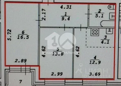 Квартира, 2 комнаты, 61.8 м