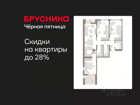 3-к кв. Свердловская область, Екатеринбург ул. Гастелло, 19А (107.19 ...