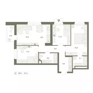 3-к кв. Башкортостан, Уфа Родина Парк жилой комплекс (81.2 м)