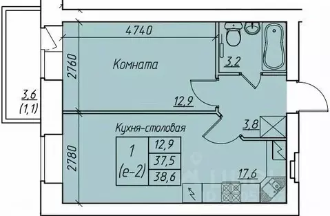1-к кв. Вологодская область, Вологда  (38.6 м)