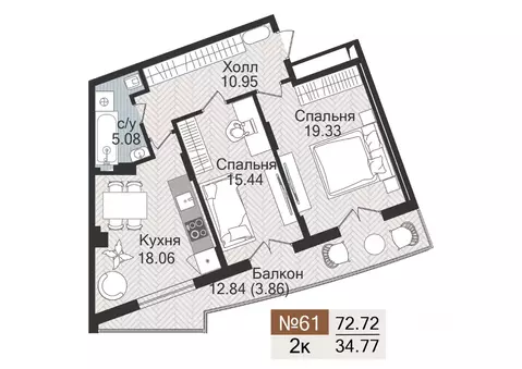 2-к кв. Калининградская область, Гурьевск  (72.72 м)