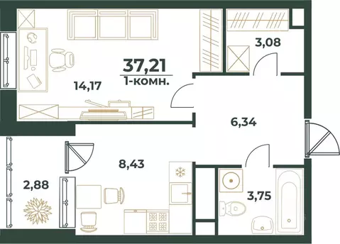 1-к кв. Башкортостан, Уфа ул. Ивана Спатара, 14 (37.21 м)