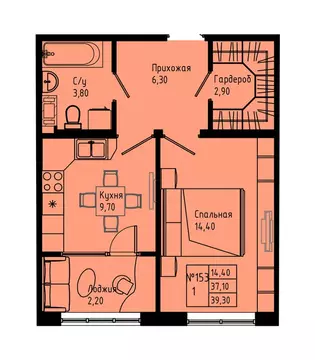 1-комнатная квартира: Коммунар, Железнодорожная улица, 41к2 (39.3 м)
