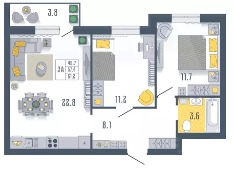 2-к кв. Астраханская область, Астрахань Моздокская ул., 40/2 (61.2 м)