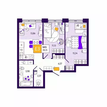 2-к кв. Тульская область, Тула Все и Сразу жилой комплекс (55.15 м)