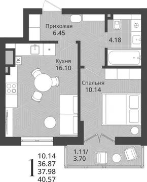 1-к кв. Калининградская область, Калининград Осенняя ул., 34 (37.98 м)