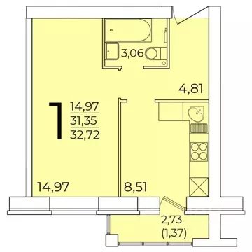 1-к кв. Архангельская область, Северодвинск ул. Торцева, 41 (31.35 м)