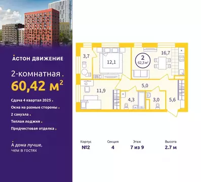 2-к кв. Свердловская область, Екатеринбург ул. Пехотинцев, 1В/2 (60.42 ...