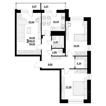 3-к кв. Белгородская область, Белгород ул. Квасова (90.49 м)