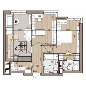 2-к кв. Рязанская область, Рязань ул. Новоселов, 33Б (65.8 м)