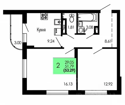 2-к кв. Воронежская область, Воронеж Оникс жилой комплекс (53.29 м)