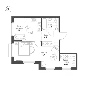 1-к кв. Свердловская область, Екатеринбург Солнечный жилрайон,  (42.9 ...
