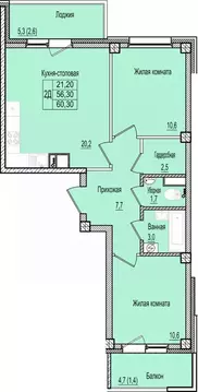 2-к кв. Псковская область, Псков Крестовский жилой комплекс (60.3 м)