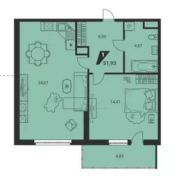 1-комнатная квартира: Екатеринбург, улица Громова, 26 (51.93 м)