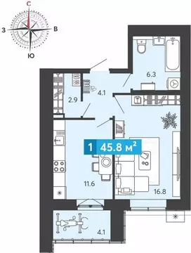 1-комнатная квартира: Засечное, Прибрежный бульвар, 5 (45.8 м)