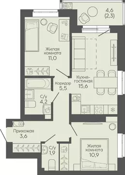 2-к кв. Волгоградская область, Волгоград Трехгорная ул., 27 (55.1 м)