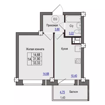 1-к кв. Псковская область, Псковский район, Завеличенская волость, д. ...