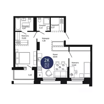 2-к кв. Новосибирская область, Новосибирск 1-й на Рябиновой жилой ...