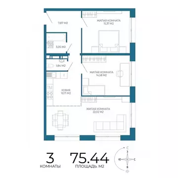 3-к кв. Пензенская область, Пенза Чаадаев жилой комплекс (75.44 м)