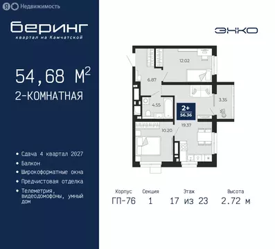 2-комнатная квартира: Тюмень, Ленинский округ, ЖК Беринг (54.68 м)