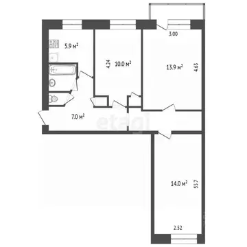 3-к кв. Ярославская область, Ярославль проезд Подвойского, 1 (58.9 м)