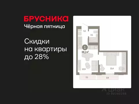 1-к кв. Свердловская область, Екатеринбург ул. Гастелло, 19А (39.05 м)