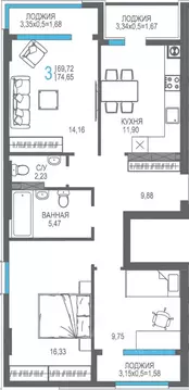 3-к кв. Крым, Алушта На Фонтанке жилой комплекс (79.03 м)