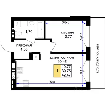 1-к кв. Калининградская область, Гурьевск Включи жилой комплекс (42.47 ...