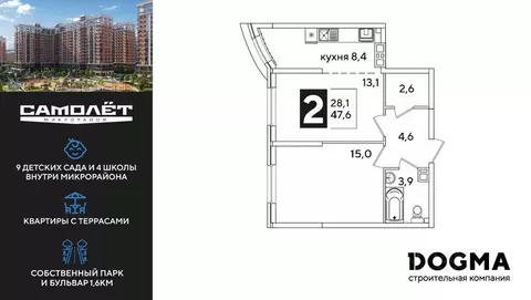 2-к кв. Краснодарский край, Краснодар Самолет-6 жилой комплекс (47.2 ...