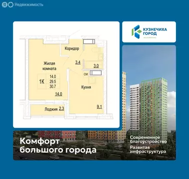 1-комнатная квартира: Нижний Новгород, ЖК Кузнечиха Город (30.7 м)