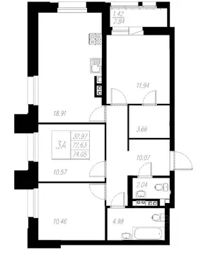 3-к кв. Татарстан, Казань Статный жилой комплекс, 2 (74.05 м)
