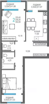 2-к кв. Крым, Алушта На Фонтанке жилой комплекс (58.25 м)