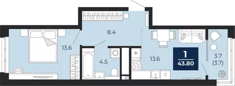 1-комнатная квартира: Тюмень, проезд Капитана Куликова, 5 (43.8 м)