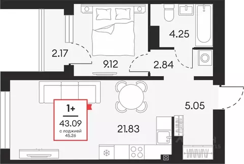 1-к кв. Ханты-Мансийский АО, Сургут 37-й мкр,  (43.09 м)