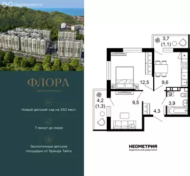 2-комнатная квартира: Сочи, улица Искры, 66/9к8 (41.7 м)