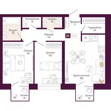 2-к кв. Нижегородская область, Нижний Новгород ул. Тургенева (58.2 м)