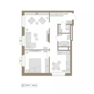 2-к кв. Башкортостан, Уфа бул. Яркий (59.24 м)