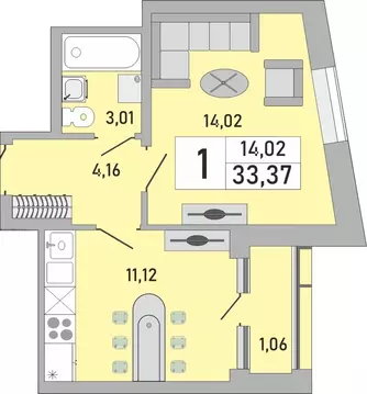 1-комнатная квартира: Уфа, Бакалинская улица, 9/1 (33.37 м)