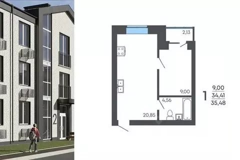 1-к кв. Воронежская область, Семилуки ул. Маяковского, 53/4 (35.48 м)