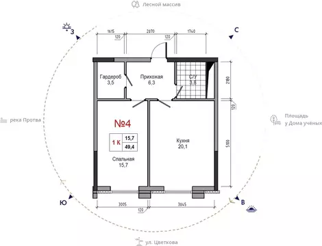 1-к кв. Калужская область, Обнинск ул. Усачева (49.4 м)