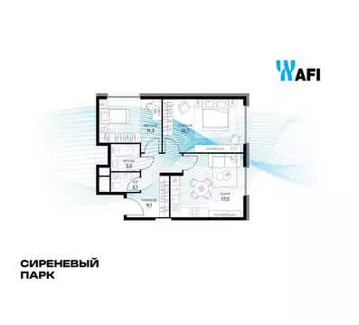 Квартира, 2 комнаты, 59.2 м