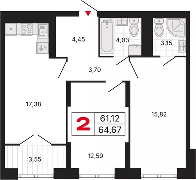 2-к кв. Свердловская область, Екатеринбург ул. Студенческая, 1Нк4 ...