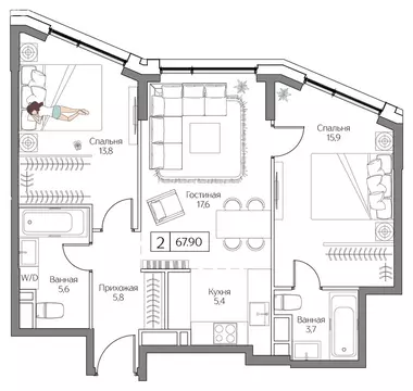 2-комнатная квартира: Москва, ЖК Дрим Рива (67.9 м)