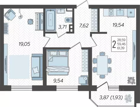 2-к кв. Краснодарский край, Краснодар Уральская ул., 87/7 (62.95 м)