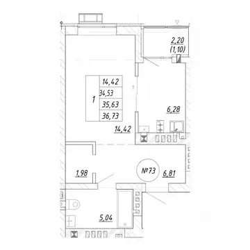 1-к кв. Калининградская область, Зеленоградск  (36.73 м)
