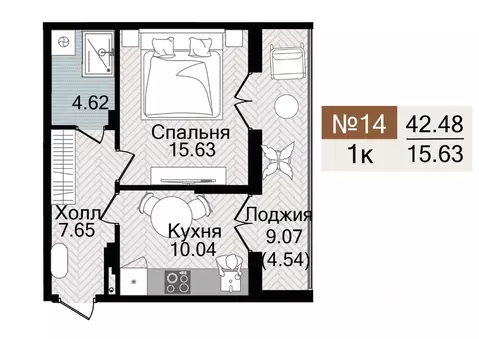 1-к кв. Калининградская область, Гурьевск  (42.48 м)