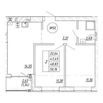 2-к кв. Калининградская область, Зеленоградск  (50.16 м)