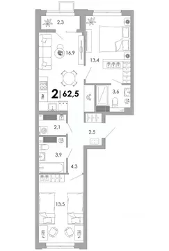 2-к кв. Владимирская область, Владимир Уно жилой комплекс (62.5 м)