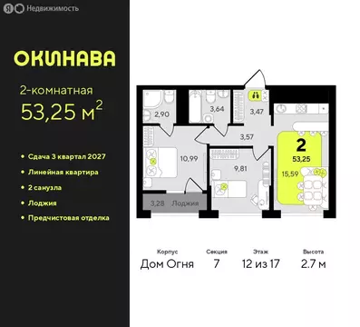2-комнатная квартира: Тюмень, жилой комплекс Окинава (53.25 м)