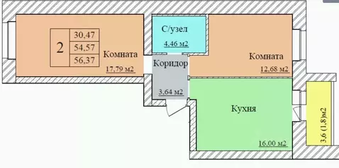 2-к кв. Ярославская область, Ярославль пос. Текстилей, 1 (56.37 м)